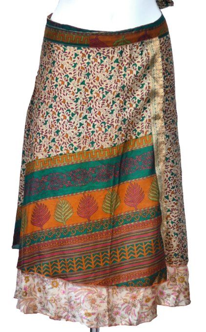 Jupe mi longue en soie à petites fleurs pétrole et moutarde sur fond écru