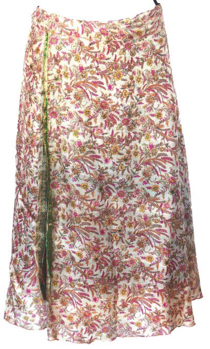 Jupe mi longue en soie à petites fleurs pétrole et moutarde sur fond écru