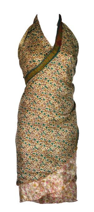 Jupe mi longue en soie à petites fleurs pétrole et moutarde sur fond écru