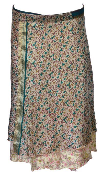 Jupe mi longue en soie à petites fleurs pétrole et moutarde sur fond écru