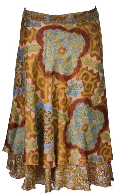 Jupe mi longue en soie moutarde et tons de marron