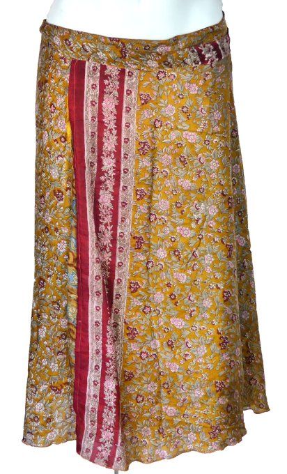Jupe mi longue en soie moutarde et tons de marron