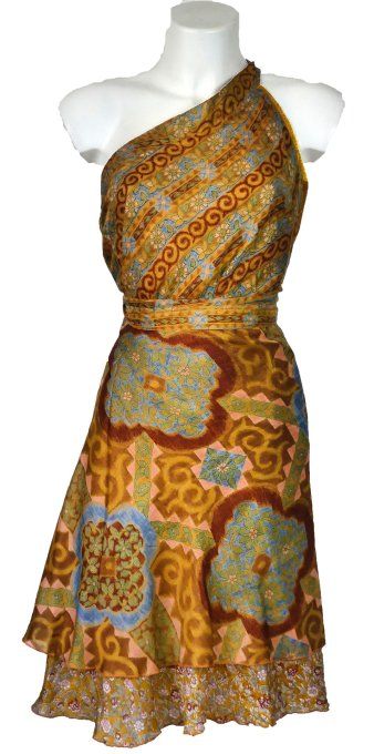 Jupe mi longue en soie moutarde et tons de marron