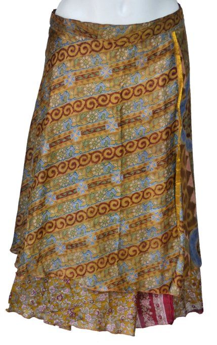 Jupe mi longue en soie moutarde et tons de marron