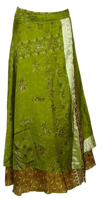 Longue jupe indienne en soie verte et marron