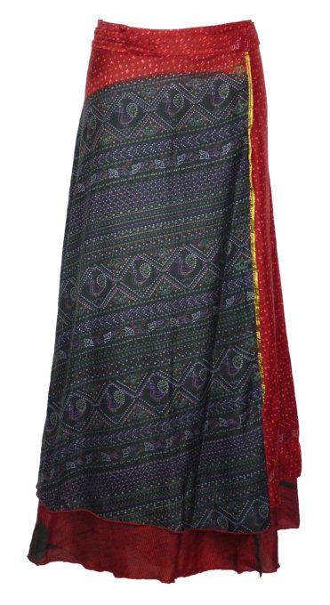 Longue jupe indienne en soie rouge et noire