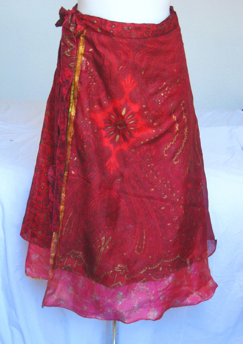 jupe indienne, jupe en soie mi-longue, porte feuille et réversible